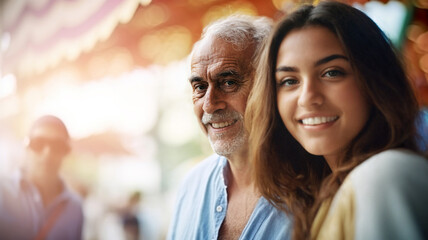 Fototapeta premium father and daughter or love between cultures and age difference, elderly caucasian man with gray hair and wrinkles and light sunburn with reddish skin together with multiracial woman