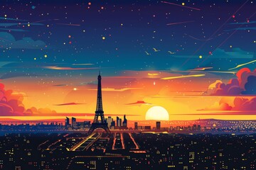 Stunning Paris Sunset with Eiffel Tower and Seine River, Colorful Urban Skyline