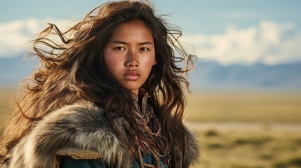 Fototapeta premium Captivating portrait of a young woman in a windswept landscape