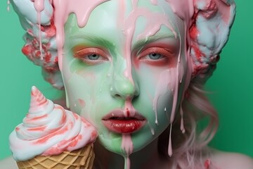 Surreal melting face with ice cream