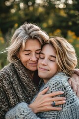 Fototapeta premium Loving embrace between mother and grown-up daughter