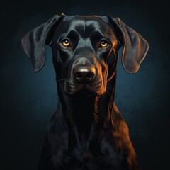 Intense gaze of a black dog with yellow eyes