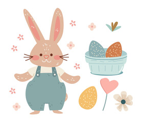 Happy Easter greeting card with rabbit eggs and spring flowers pastel colors holiday celebration card