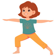 Kid girl doing yoga Warrior 2 or Virabhadrasana II. Fitness concept. Flat vector illustration