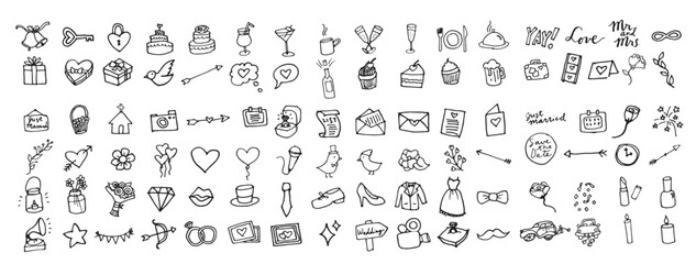 Hand Drawn Wedding & Marriage Icons Set.Full Color Sketched Illustrations Collection in Black & White.