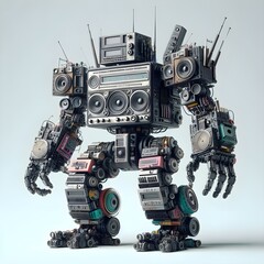A robot made of analog stereo equipment , digital art.