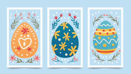 Happy Easter greeting card with different colored eggs and spring flowers pastel colors holiday celebration card horizontal