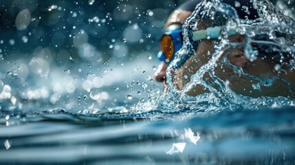 Competitive Swimmer in Action: Blue Waters, Powerful Strokes, and Splashing Waves - Athlete Dominating the Pool or Open Water