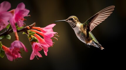 hummingbird feeding on pink flower