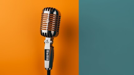 Vintage microphone against colorful background