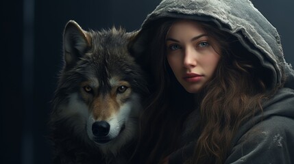 mysterious woman with wolf in dark forest
