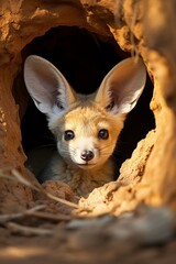 Obraz premium curious desert fox peeking out of burrow