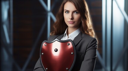 confident businesswoman holding shield