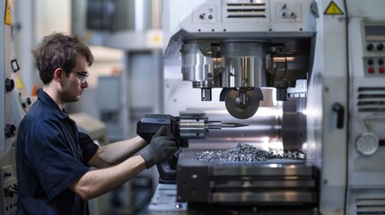 Machinist operating CNC milling machine in manufacturing plant