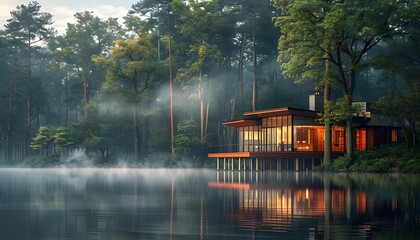 Fototapeta premium A peaceful lakeside retreat, surrounded by towering trees and mirrored in the calm water