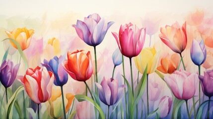 Vibrant tulip field in soft pastel colors
