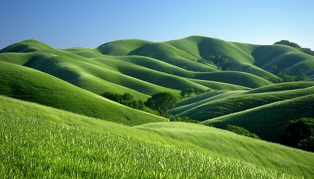 Rolling hills carpeted in vibrant green, stretching to meet a clear azure sky