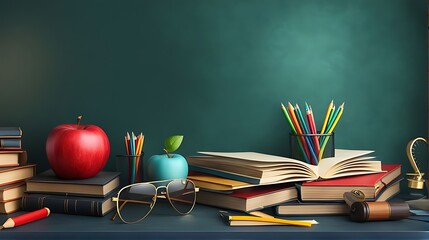 Happy Teachers Day, copy space, chalkboard, school ruler, apple, pencil book design. 3d illustration.