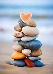 Stacked stones with heart-shaped rock on beach