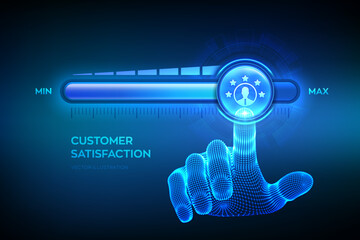 Customer satisfaction. Customer survey and feedback analytics. Using AI and automation technology in marketing. Wireframe hand is pulling up to the maximum position progress bar. Vector illustration.