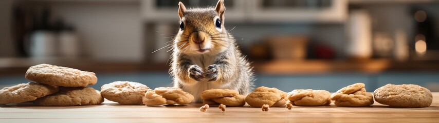 Obraz premium cute squirrel looking at cookies on table