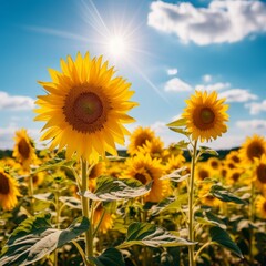 Fototapeta premium Bright sunflowers blooming under a sunny sky