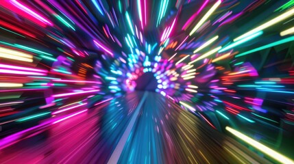Dynamic cyberspace tunnel with neon-colored stripes in motion, evoking a vibrant sense of movement, Ai Generated.