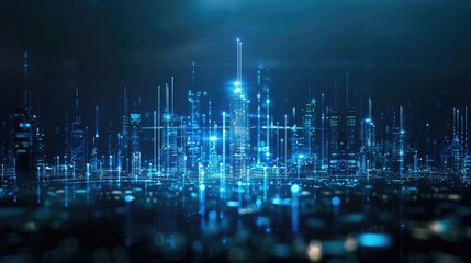 Fototapeta premium Futuristic smart city depicted with illuminated connection lines on a dark background, symbolizing digital connectivity, Ai Generated.