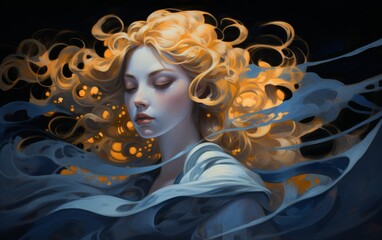 Ethereal fantasy portrait of a woman with flowing golden hair