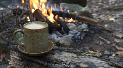 A glass of coffee placed on wood with a campfire in the background while camping