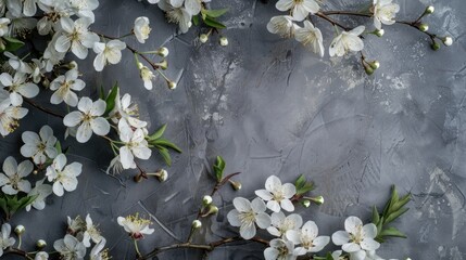 Space surrounded by white flowers on grey background