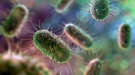 Fototapeta premium Macro view of various microbes virus cells and bacteria against abstract backdrop. Ai Generated