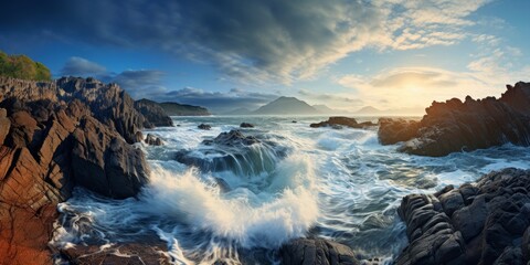 Dramatic seascape with crashing waves and rugged cliffs at sunset