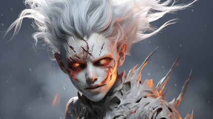 Fiery demonic face with glowing eyes and torn skin