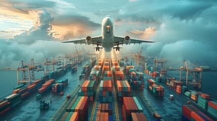 Global Air Freight: Cargo Plane Taking Off from Busy Airport, Connecting Supply Chains