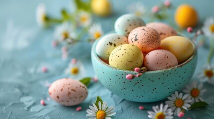 Easter Delight: Bowl of Colored Eggs and Fresh Spring Flowers on Light Blue Background with Copy Space - AI Created