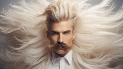 Dramatic portrait of a man with flowing blond hair and a mustache