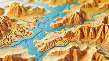 Relief map illustrates mountains and rivers, representing topography and cartography concepts. Ai Generated
