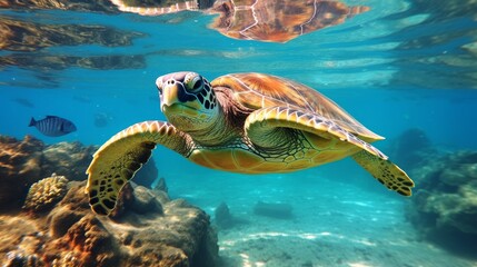 Obraz premium Colorful sea turtle swimming in tropical ocean