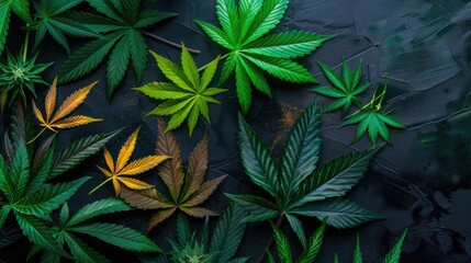 Various colored cannabis leaves contrast against a dark backdrop, representing diverse strains of medical marijuana, Ai Generated.