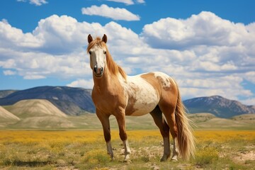 beautiful horse standing in field with mountains