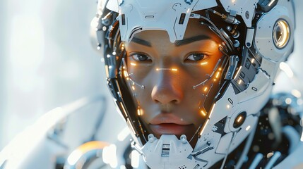 Fototapeta premium Digitally render a futuristic cyborg warrior with a frontal view, merging human and machine elements in a photorealistic style, symbolizing resilience in adversity