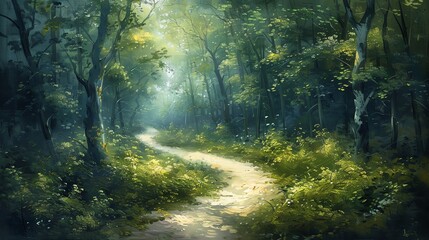 Obraz premium For a captivating oil painting, illustrate a serene landscape showcasing a winding path disappearing into a lush forest Let the viewer feel the mystery and allure of the unknown through your brushstro