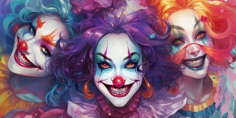 Colorful clown faces with vibrant makeup and hair
