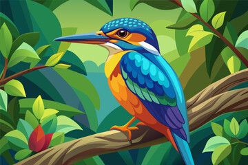 colorful kingfisher sits on tree, silhouette, Vector illustration, icon, svg, characters, Holiday t shirt, Hand drawn trendy Vector illustration, blue bird on a branch