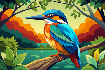 colorful kingfisher sits on tree, silhouette, Vector illustration, icon, svg, characters, Holiday t shirt, Hand drawn trendy Vector illustration, blue bird on a branch