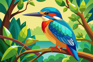 colorful kingfisher sits on tree, silhouette, Vector illustration, icon, svg, characters, Holiday t shirt, Hand drawn trendy Vector illustration, blue bird on a branch