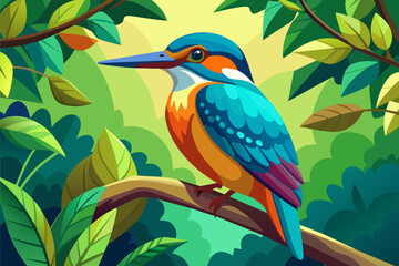 colorful kingfisher sits on tree, silhouette, Vector illustration, icon, svg, characters, Holiday t shirt, Hand drawn trendy Vector illustration, blue bird on a branch