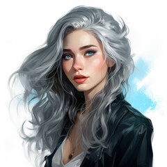 Stylish woman with silver grey wavy hair