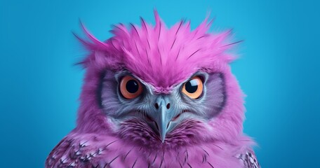 Vibrant pink feathered owl with intense eyes